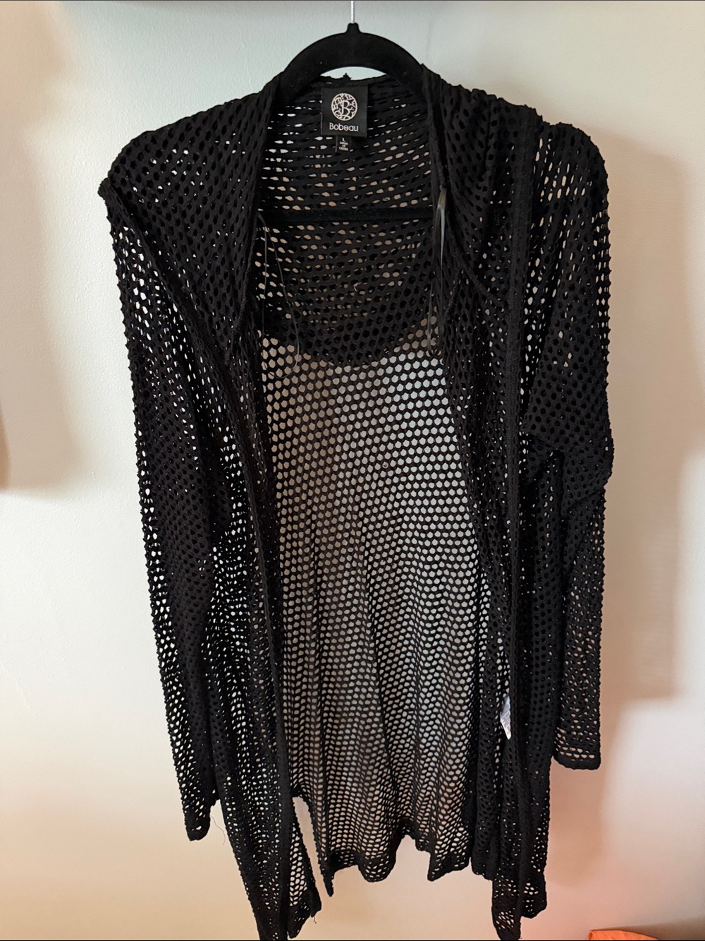 bobeau Black Open-Knit Hooded Swim Coverup